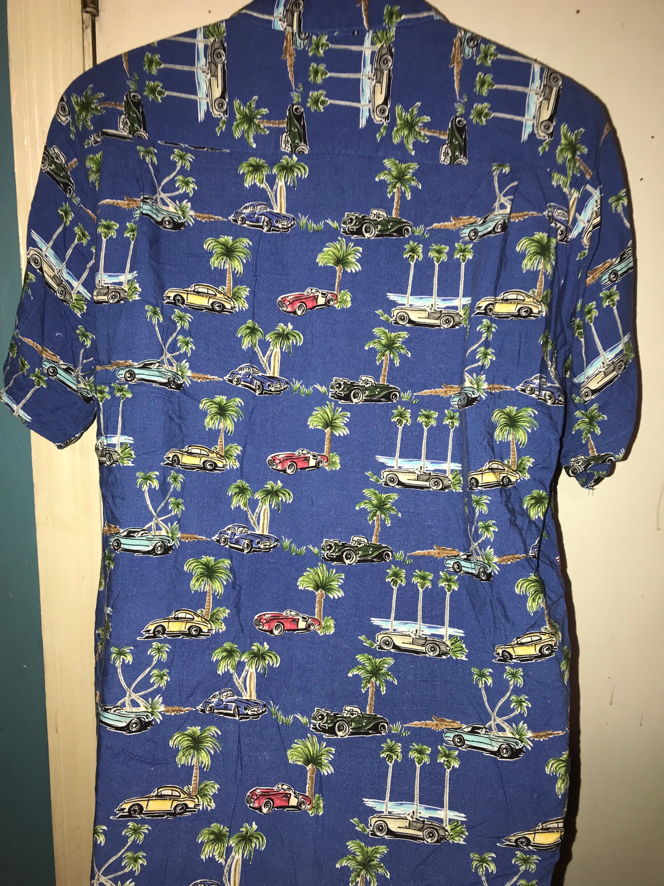 Vintage Hawaiian Shirt. Men's Hawaiian Shirt. Blue With Cars Hawaiian ...