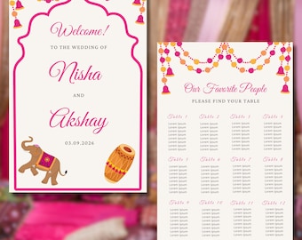 Indian Wedding Welcome Sign, Seating Chart, Table Numbers, Menu Editable Canva Pro Template Bundle | Haldi, Mehendi, Sangeet, Ceremony Signs