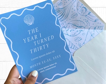 Invitación "El año que cumplí treinta": Tema de verano, plantilla editable de Canva Pro (descarga digital)