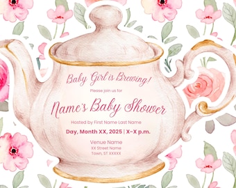 Baby Girl Tea Party Shower Invitation: Floral Teapot Design (Canva Pro Template)