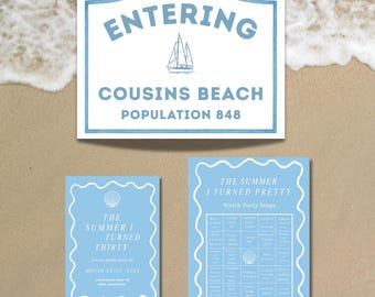 TSITP Party Bundle: Editable Invitation, Bingo, Cousins Beach Sign (Canva Pro Templates, Digital Download
