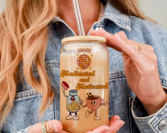 Retro Medicated and Motivated, 16oz Glass Tumbler with Lid and Straw, Iced Coffee Cup