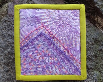 Hand Embroidered Landscape Mini Quilt or Coaster in Purples and Chartreuse
