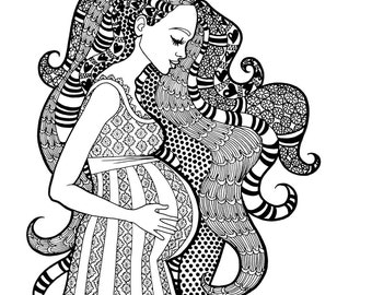 A SWEET EXPECTATION - Coloring Page - Motherhood Series Zentangle Method Line Art Decorative Doodle Illustration Expectant Pregnant Mother