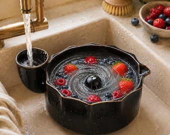 Vortex Fruit Washer Bowl, Ceramic Berry Rinse Colander with Side Inlet, Spiral Strawberry Washing Bowl
