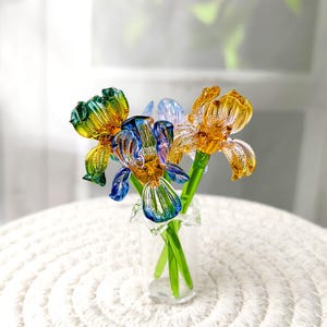 Handmade Stained Mini Glass Iris Flowers, Birth Month Flowers, Glass Flower in Vase, Mini Flower Figurine, Glass Plants, Wedding