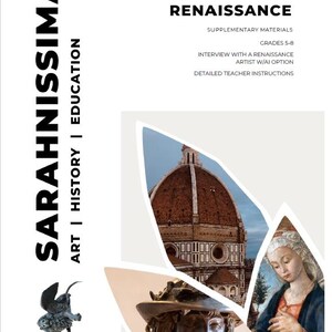以下が含まれることがあります： 「SARAHNISSIMA ART | HISTORY | EDUCATION」と「EARLY RENAISSANCE」のテキストが記載された白い教育リソースの表紙。ルネサンス美術と建築の画像が含まれています。5～8年生向けの補足資料です。