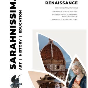 May include: A book cover with the text "SARAHNISSIMA" and "ART | HISTORY | EDUCATION". The cover also includes the text "EARLY RENAISSANCE" and "SUPPLEMENTARY MATERIALS". Images of Renaissance art and architecture are also included.