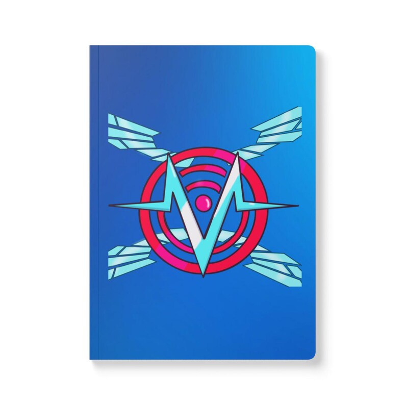 May include: A blue notebook with a graphic design featuring a red and pink circle, a white and pink V-shape, and light blue wing-like shapes. The notebook has a clean, modern design.