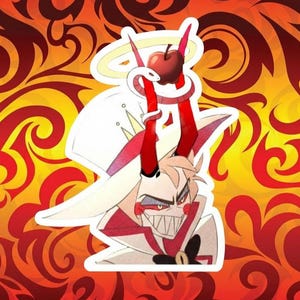 May include: A sticker featuring a cartoon character with red horns, a white halo, and a red apple. The character has a white and red outfit with a sinister grin. The background is a swirling pattern of red and yellow.