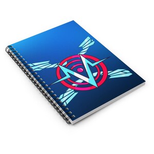 May include: Spiral-bound notebook with a vibrant design. The cover features a blue gradient background with a central graphic of a stylized 'N' shape in light blue, surrounded by red concentric circles and angular accents. The notebook is white.