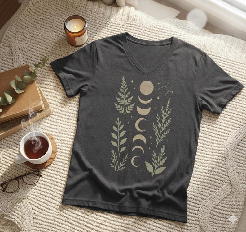 May include: Dark gray V-neck t-shirt featuring a celestial design with moon phases and botanical elements in a muted green color. The design includes crescent moons, stars, and various leaf and fern illustrations. The shirt is made of a soft material.