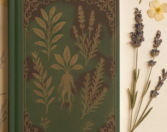 Grünes botanisches Notizbuch mit goldenen Kräuter Illustrationen, Hexenbuch, Hexenbuch, Cottagecore Notizbuch
