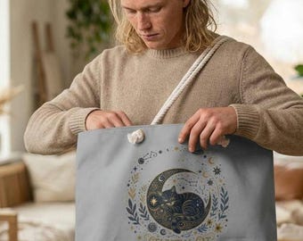 Borsa da weekend Celestial Cat Moon Dreamer, borsa tote con luna e stelle