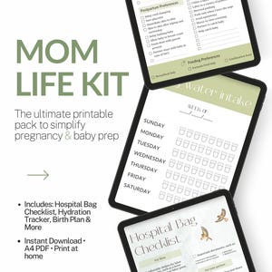 May include: A digital Mom Life Kit with checklists, a hydration tracker, and a birth plan. The kit includes a hospital bag checklist and is designed to simplify pregnancy and baby prep. The kit is available as an instant download in A4 PDF format.