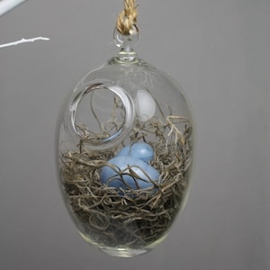 hand blown glass bird nest terrarium with two glass eggs