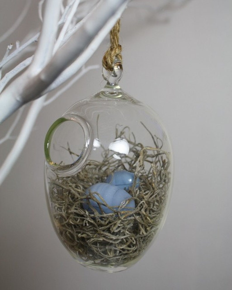 hand blown glass bird nest terrarium with two glass eggs image 2