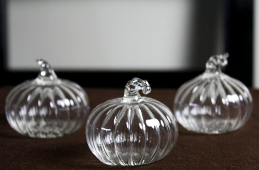 Three Small Clear Hand Blown Glass Pumpkins