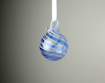 miniature blue and clear swirl blown glass ornament