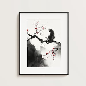 Arte de pared de gato zen, arte japonés, arte asiático, impresión digital, póster imprimible de gato de tinta minimalista, decoración del hogar
