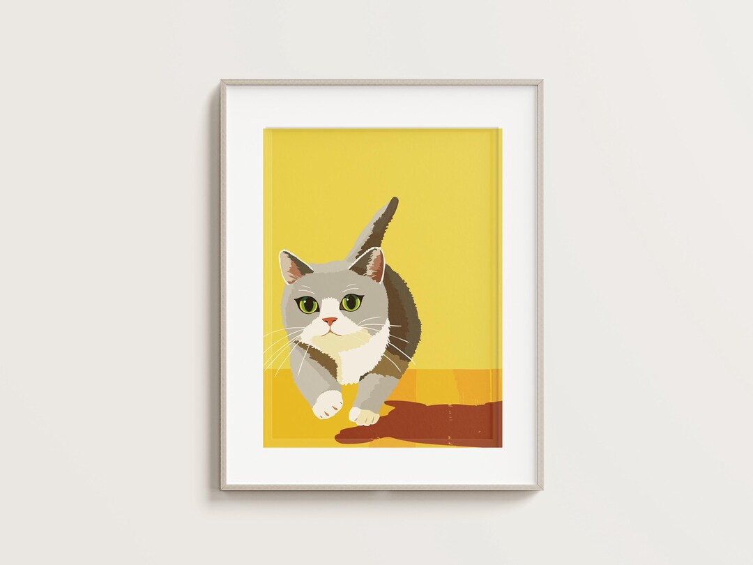 Running Cat Funny Art Style Cat Poster Print Gray White Yellow Digital ...