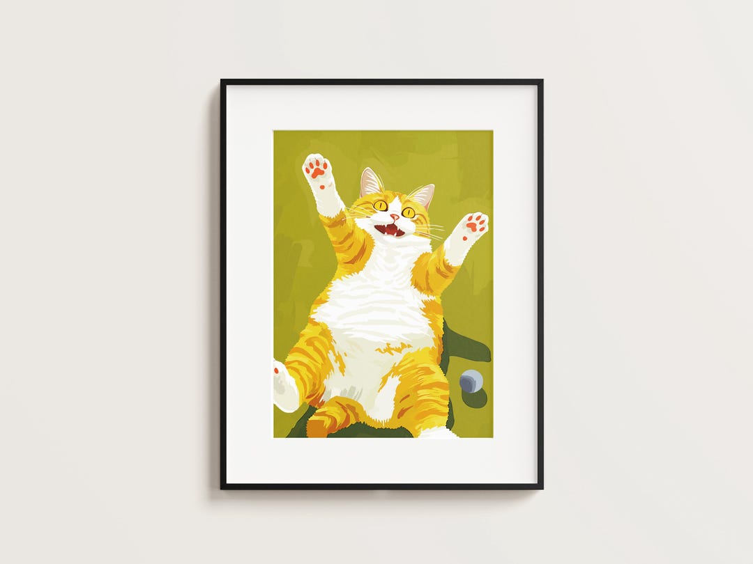Joyful Cat Funny Art Wall Cat Poster Print White Yellow Digital ...