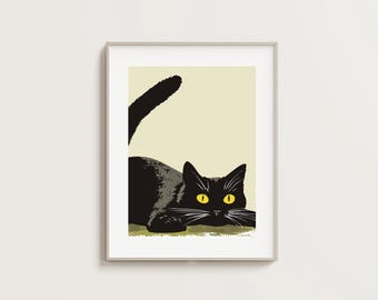 Affiche drôle de chat de style art confortable de chat noir impression téléchargement numérique noir et vert pour les amoureux des animaux de compagnie décoration de chat pour le salon chambre d'enfant