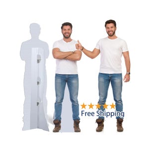 May include: A cardboard cutout of a person stands next to two men wearing white t-shirts and blue jeans. One man gives a thumbs up. The words "Free Shipping" are below the men.