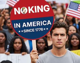 No Kings In America Sign with Stick – Single-Sided Square Handheld Outdoor Sign for Events, Blue