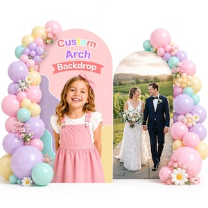 May include: A custom arch backdrop featuring a pastel balloon garland in shades of pink, purple, yellow, and teal. The left panel displays a photo of a young child in pink overalls, while the right panel shows a wedding couple walking outdoors.
