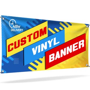 May include: A rectangular vinyl banner featuring a blue, yellow, and red diagonal design with metal grommets in the corners. The text reads CUSTOM in red on a yellow bar, VINYL in white on a blue bar, and BANNER in white on a red bar.