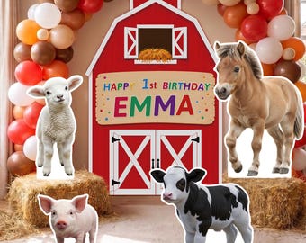 5-Piece Farm Animal Cardboard Cutout with 5ft Barn Door Backdrop Custom Name & Age,  Fun Animal Standees Backdrop for Kids' Birthday Party