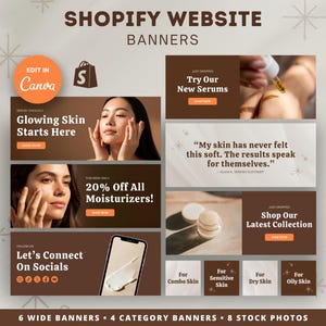 Könnte beinhalten: Werbebild für Shopify-Website-Banner. Das Bild zeigt verschiedene Bannerdesigns mit Text wie "Glowing Skin Starts Here" und "20% Rabatt auf alle Feuchtigkeitscremes!" zusammen mit Produktfotos und Social-Media-Symbolen.