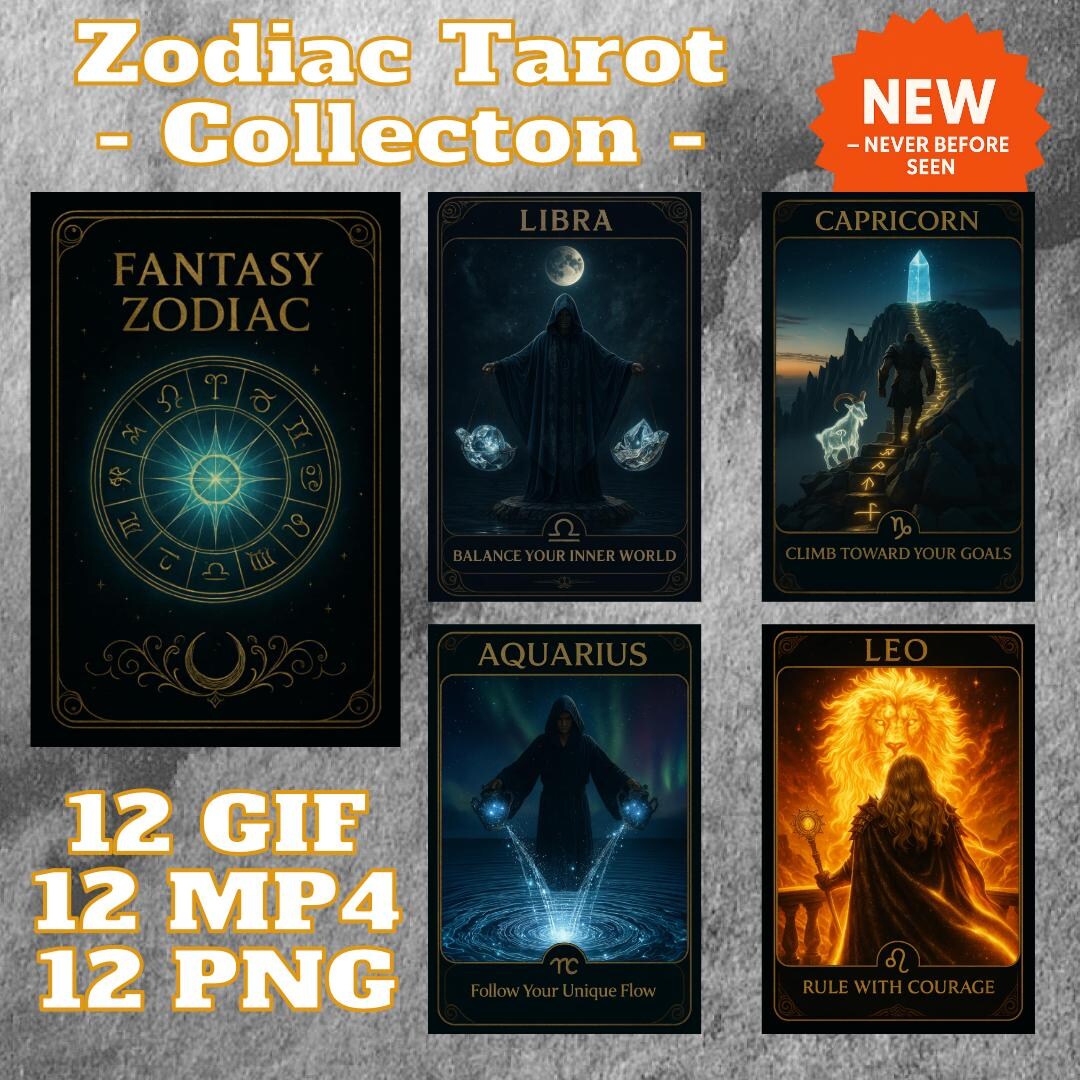 Zodiac Tarot Deck | 12 Digital Cards MP4 GIF PNG | Fantasy Ai Horoscope ...