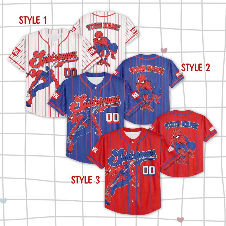 May include: Baseball jerseys in red, white, and blue, featuring the Spider-Man logo and character art. The jerseys have pinstripes and the text "Spiderman" and "00". The back of some jerseys have the text "Your Name".