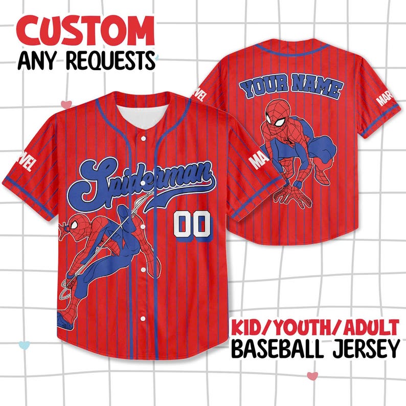 May include: Red baseball jersey with blue pinstripes, featuring the word "Spiderman" in blue script and the number "00". The jersey also has a Spiderman graphic and the text "CUSTOM ANY REQUESTS" and "KID/YOUTH/ADULT BASEBALL JERSEY".