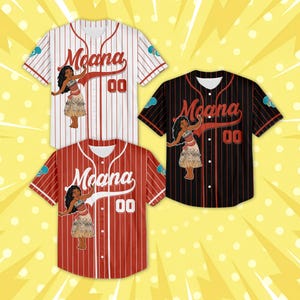 May include: Three baseball jerseys with the word "Moana" in a script font. The jerseys are red, black, and white with vertical stripes. Each jersey features an illustration of Moana and the number "00".
