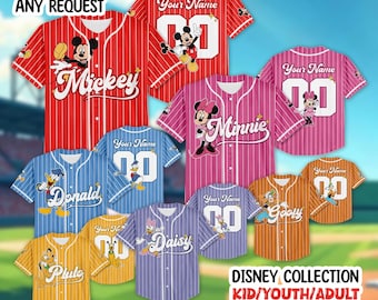 Personalize Disney Mickey Mouse Cute Striped White Gift for Disney Fans, Custom Disneyland Jersey, Baseball Team, Mickey Mouse Birthday