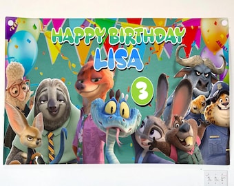 Zootopia Birthday Banner, Personalized Zootopia Birthday Party Decoration, Judy Hopps and Nick Wilde Backdrop, Custom Name Banner