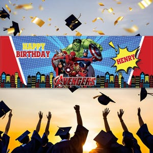 May include: A banner with the text "Happy Birthday" and "Henry" in a comic book style. The banner features the Avengers characters and a cityscape. Gold confetti and graduation caps are in the sky.