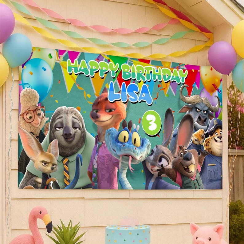 May include: A rectangular birthday banner featuring Zootopia characters including Nick Wilde, Judy Hopps, Flash, and others. The banner displays the text 'HAPPY BIRTHDAY LISA' in large blue and green letters, with a green circle containing the number 3.