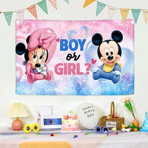K&ouml;nnte beinhalten: Ein rosa-blaues Banner mit Minnie und Mickey Mouse und dem Text "BOY or GIRL?". Das Banner ist mit herzf&ouml;rmigen Luftballons dekoriert, passend f&uuml;r eine Gender-Reveal-Party.