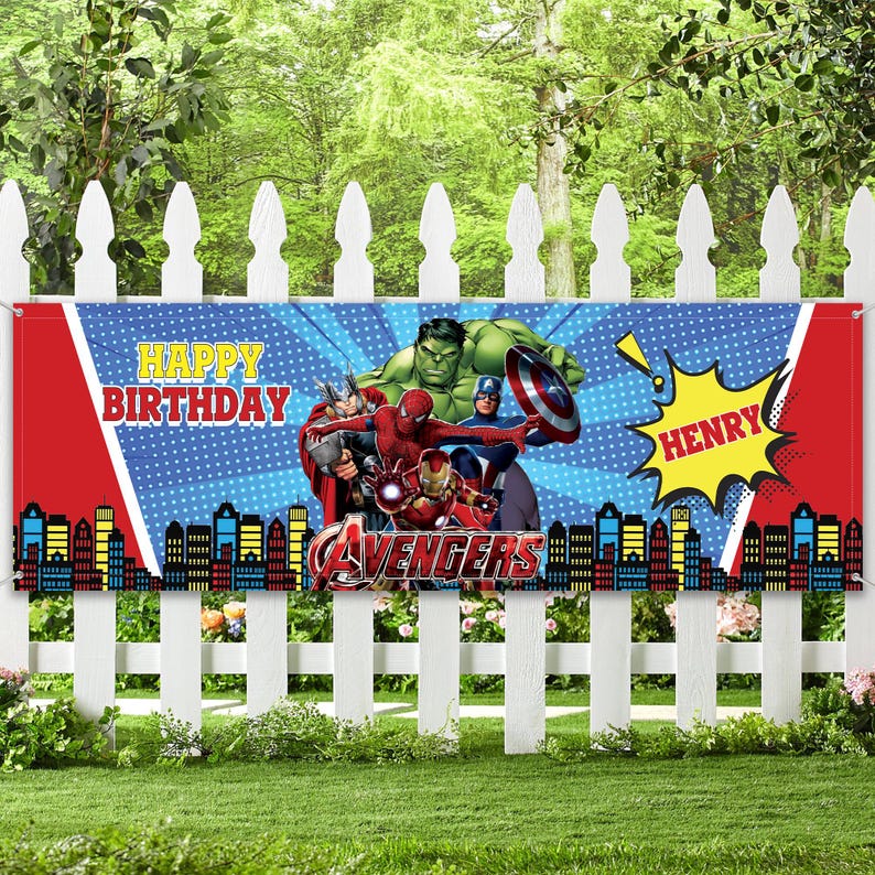 May include: A colorful Avengers-themed birthday banner. The banner features the text "Happy Birthday" and "Henry" in a comic book style. The banner also includes illustrations of the Hulk, Captain America, Iron Man, Thor, and Spider-Man.