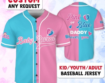 Personalized Baby Reveal Baseball Jersey for Family Gift, Custom Gender Reveal Jersey, Family Jersey Matching, Blue or Pink Baseball Jersey