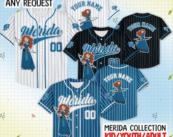 Camiseta de béisbol personalizada de la Princesa Mérida de Disney, camiseta personalizada con nombre para el día del partido de Disney para niños y adultos, regalo para el fanático del béisbol a juego con la Princesa Mérida de Disney.