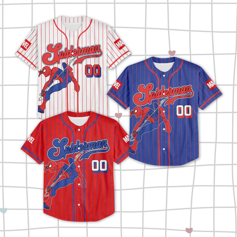 May include: Three baseball jerseys featuring the Spider-Man logo and character illustration. The jerseys are red, white, and blue with vertical stripes. Each jersey has the number "00" on the front.
