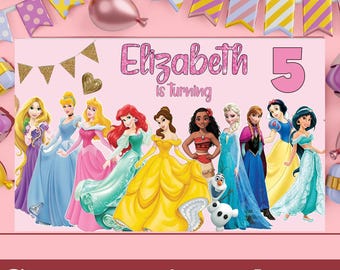Custom Disney Princess Birthday Banner Backdrop, Disney Princess Backdrop, Birthday Banner, Princess Party Backdrop, Princess Party Decor
