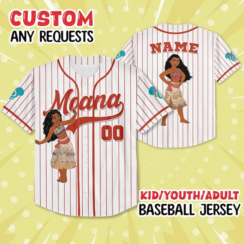 May include: White baseball jersey with red pinstripes, featuring the name "Moana" and the number "00" on the front. The back of the jersey has the name area and a Moana graphic. The sleeves have a blue and white design. The text "CUSTOM ANY REQUESTS" is at the top.