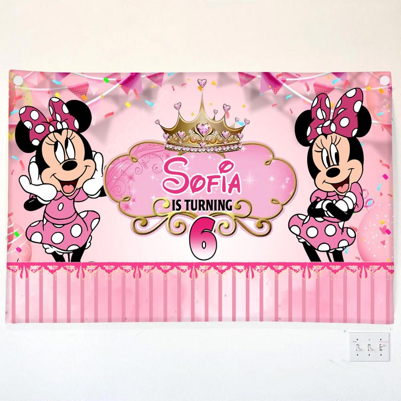 May include: A pink banner featuring Minnie Mouse characters and the text "Sofia is turning 6." The banner has a pink background with polka dots, a gold crown, and decorative elements. Two Minnie Mouse characters are on either side.