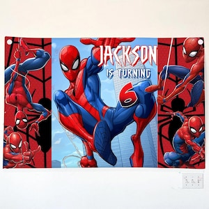 Pu&ograve; includere: Uno striscione rettangolare con Spider-Man in varie pose d'azione su uno sfondo rosso e blu. Il testo recita "JACKSON IS TURNING 6" con un carattere stilizzato. Il design include lo skyline di una citt&agrave; e motivi a ragnatela.